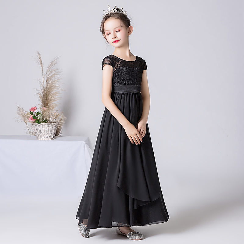 Special Occasion Dresses For Girls Black Lace Formal Dresses Junior Chiffon Ball Gown Full Length