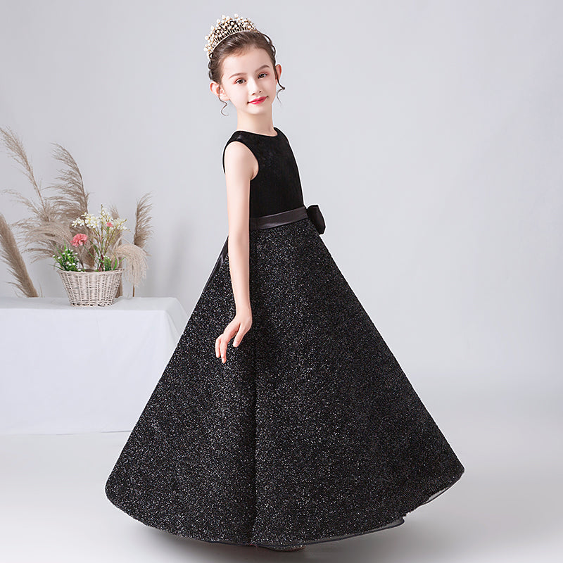 Girls Formal Dresses Black Sequin Piano Dresses For Teens Special Occasion Velvet Long Dress Sleeveless