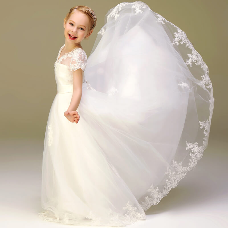 Elegant V-Neck Lace Appliques Flower Girl Dress Puff Tulle First Communion Dresses Formal Princess Dress Wedding Dress