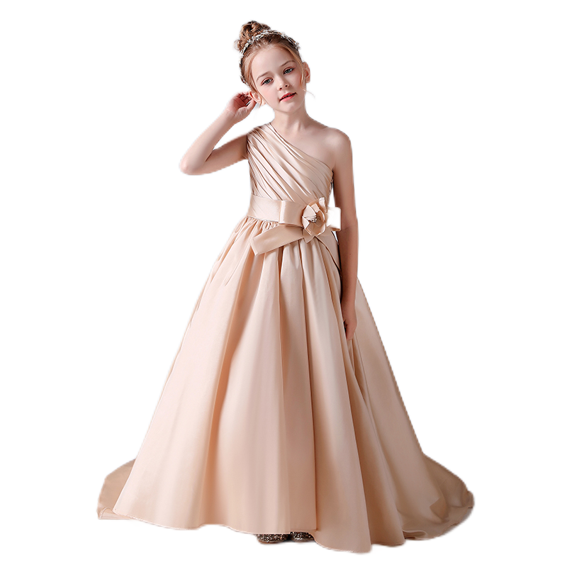 Girls Pageant Dresses One Shoulder Sleeveless Formal Satin Flower Girls Dress for Wedding Princess Ball Gown Flower Belt Dress