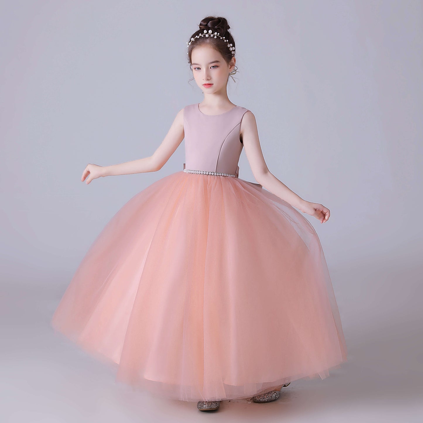 Pink V-Back Tulle Flower Girl Dress With Bow And Pearls