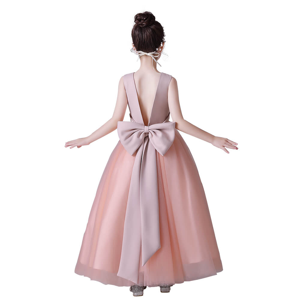 Pink V-Back Tulle Flower Girl Dress With Bow And Pearls