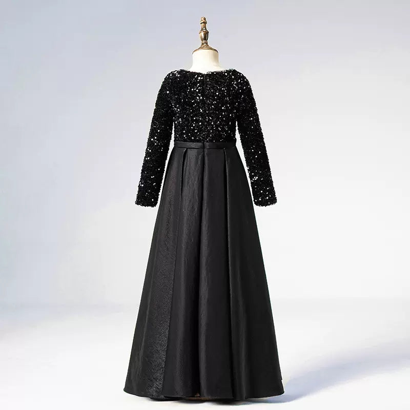 Crew Neck Long Sleeves Sequins Dresses Shining Flower Girls Dress Sparkling Piano Recital Dresses Elegant Satin Party Gown
