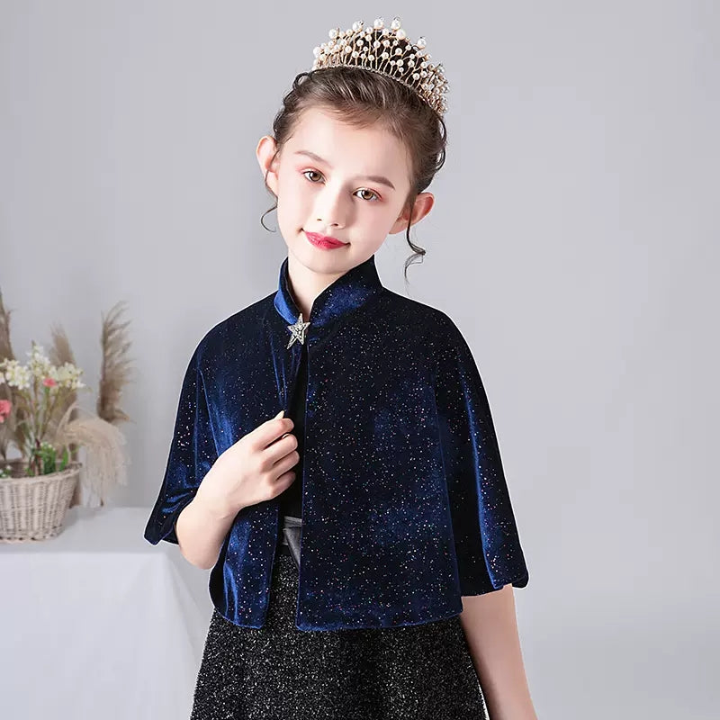Little Girls Navy Blue Velvet Cape Princess Coat