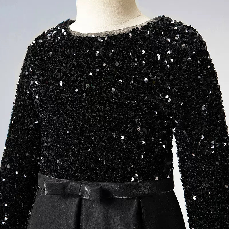 Crew Neck Long Sleeves Sequins Dresses Shining Flower Girls Dress Sparkling Piano Recital Dresses Elegant Satin Party Gown