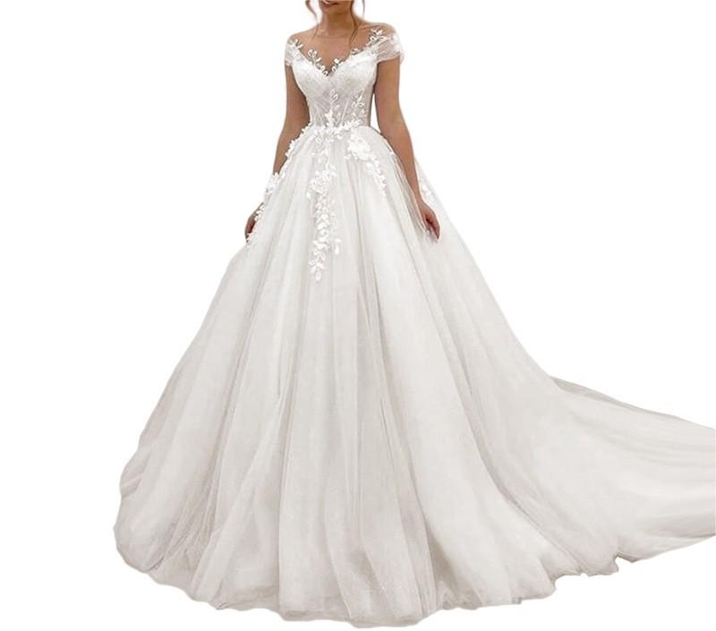 Elegant Lace Appliqued Puffy Tulle Wedding Dress Women 2025 Modern Bridal Beach Tulle Flower Gowns