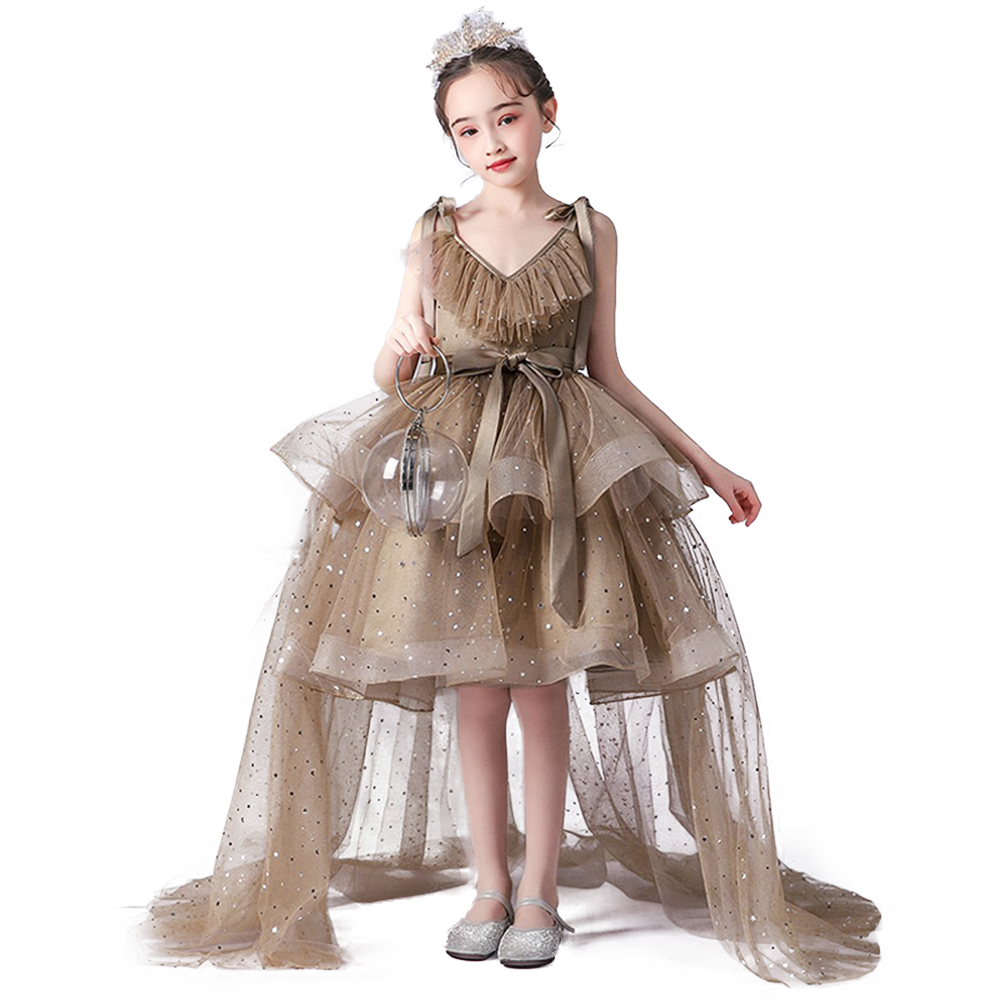 Little Girls V-Neck Special Occasion Dress Girls Fancy Birthday Party Dresses Detachable Trailing Gown, Brown / 12 Little Girls V-Neck Special Occasion Dress Girls Fancy Birthday Party Dresses Detachable Trailing Gown, Brown / 12