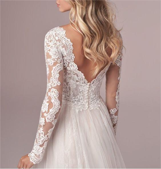 A-Line Lace Tulle Wedding Dress 2025 Boho V-Neck Appliques Bridal Gown Long Sleeve