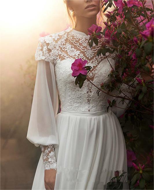 High Neck Chiffon Lace Appliques Bridal Gown 2025 Long Puffy Sleeves Boho Wedding Dresses