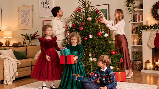 Christmas family decorating a tree with two girls in red and green velvet holiday dresses, surrounded by festive gifts and decorations.