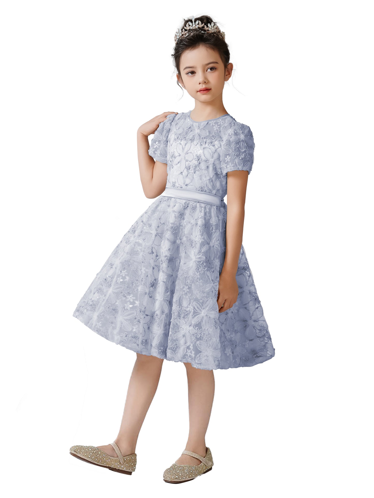 2025 Spring 3D Flowers Embroidery Lace Appliqued Puff Tulle Short Wedding Guest Dress for Girls Puffy Sleeves Girls Birthday Party Dress
