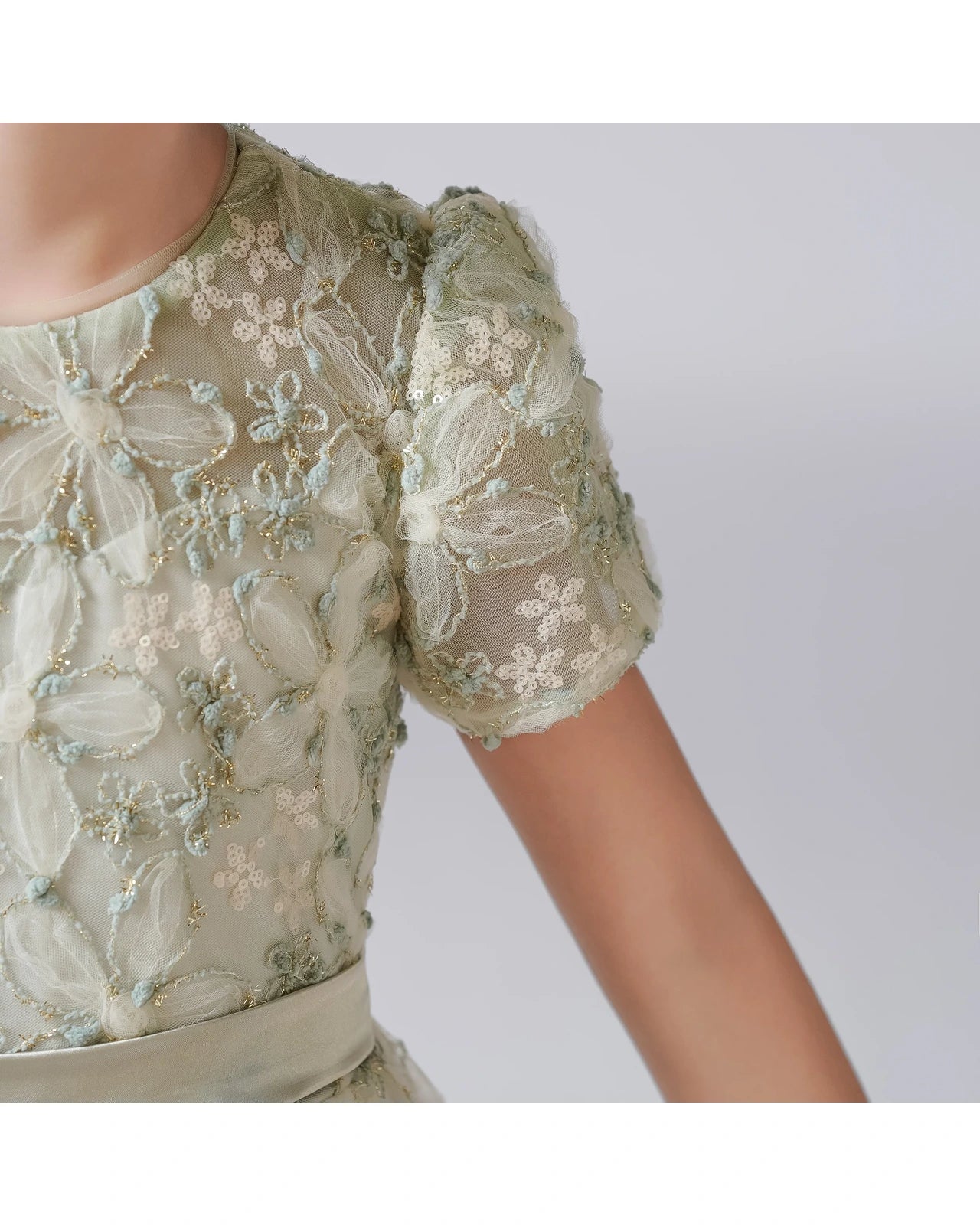 Dideyttawl Formal Dress with Puff Sleeves Floral Lace Bodice and Tulle Skirt