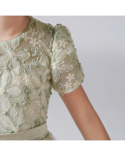 Sage Green Lace A-line Girls Formal Dress Side View