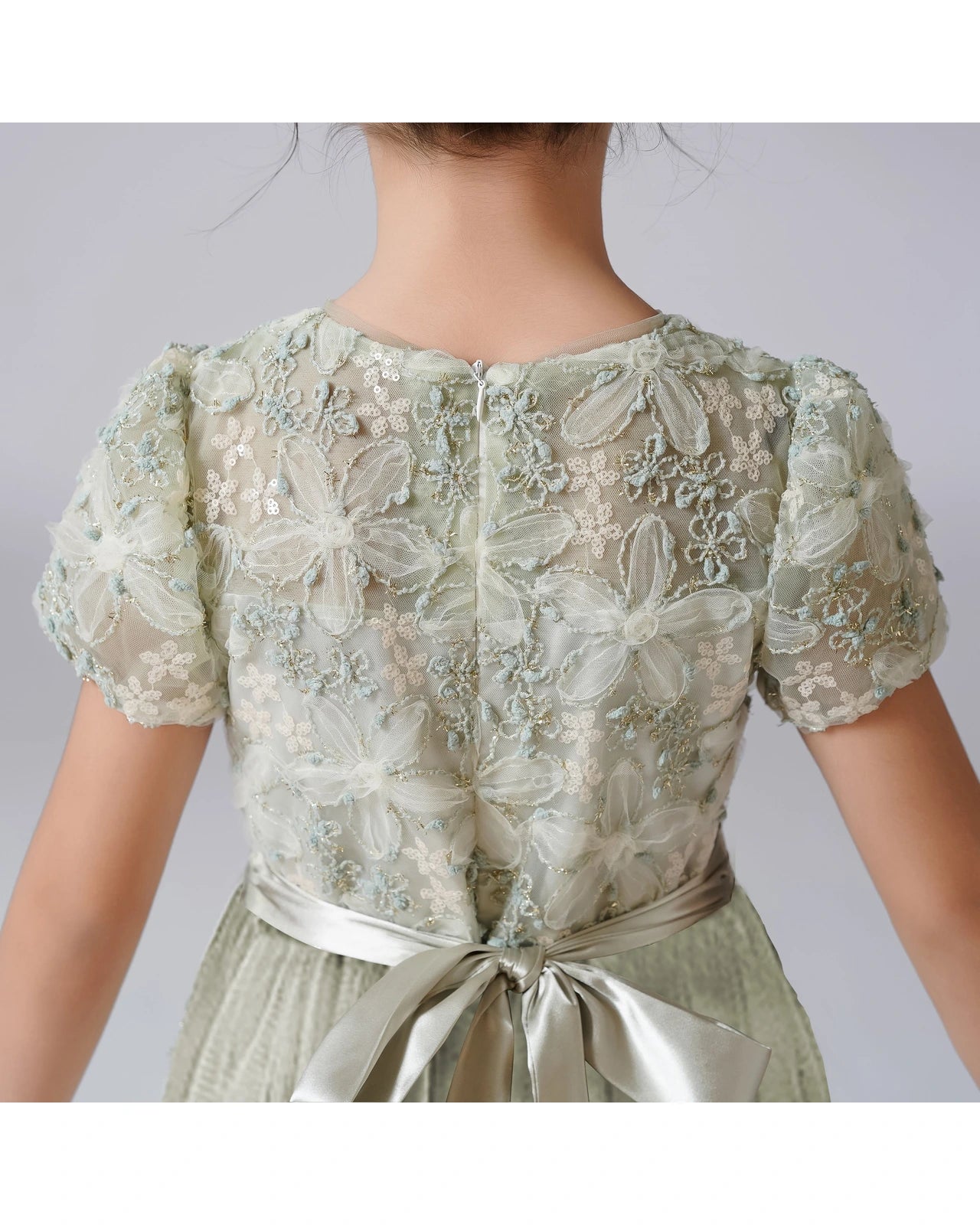 Dideyttawl Formal Dress with Puff Sleeves Floral Lace Bodice and Tulle Skirt