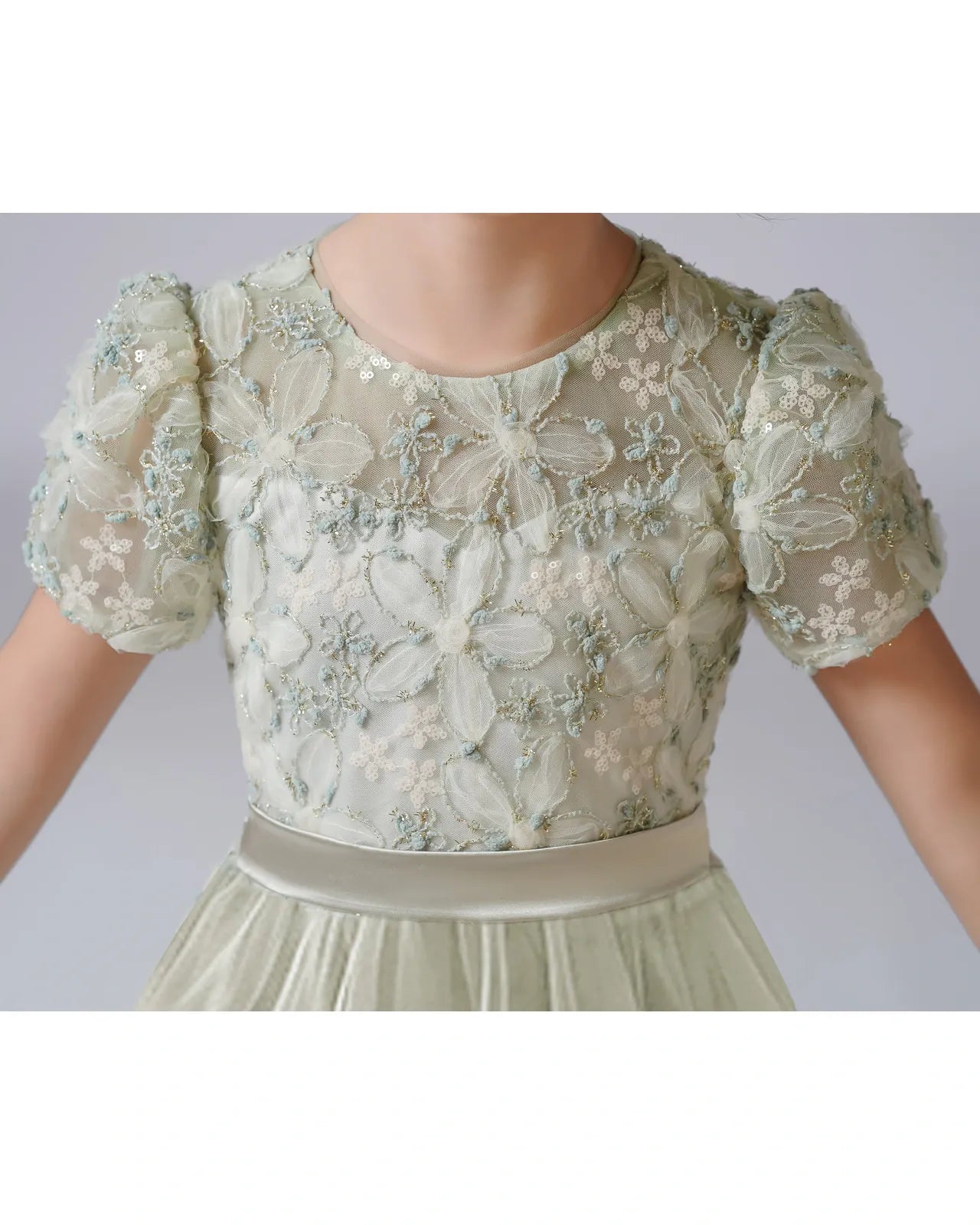 Sage Green Tulle A-line Girls Formal Dress Front View