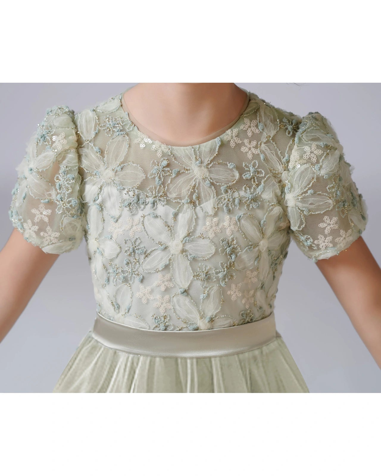 Dideyttawl Formal Dress with Puff Sleeves Floral Lace Bodice and Tulle Skirt