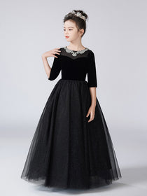 Dideyttawl Girls Formal Dress with Half Sleeves Velvet Bodice and Sparkly Tulle Skirt