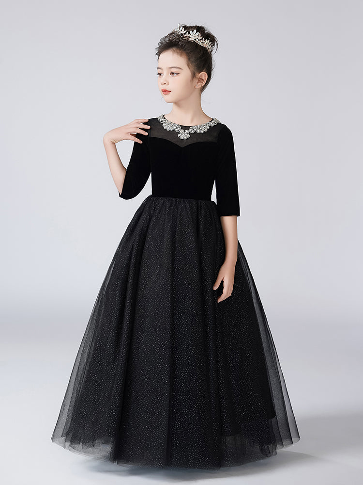 Dideyttawl Girls Formal Dress with Half Sleeves Velvet Bodice and Sparkly Tulle Skirt