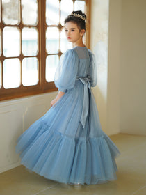 Dideyttawl Girls Dusty Blue Princess Dress Long Sleeve Tulle Ball Gown for Wedding Party