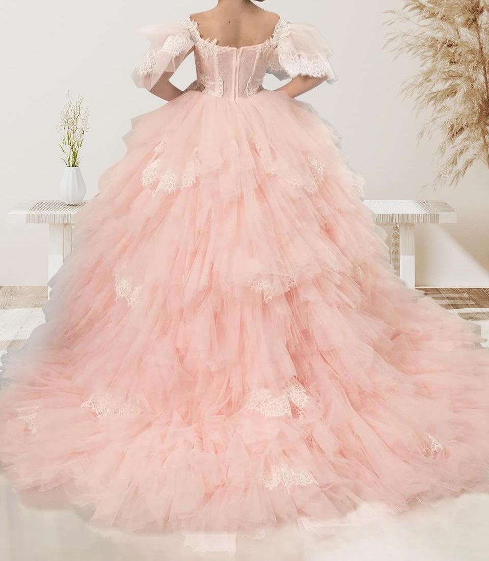 Flower Girl Dresses Lace Appliqued Puffy Sleeves Floor Length Long Train Princess Dresses