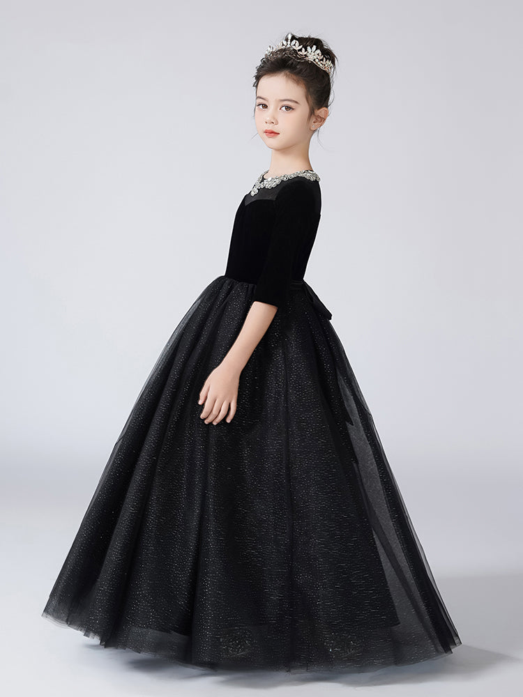Dideyttawl Girls Formal Dress with Half Sleeves Velvet Bodice and Sparkly Tulle Skirt