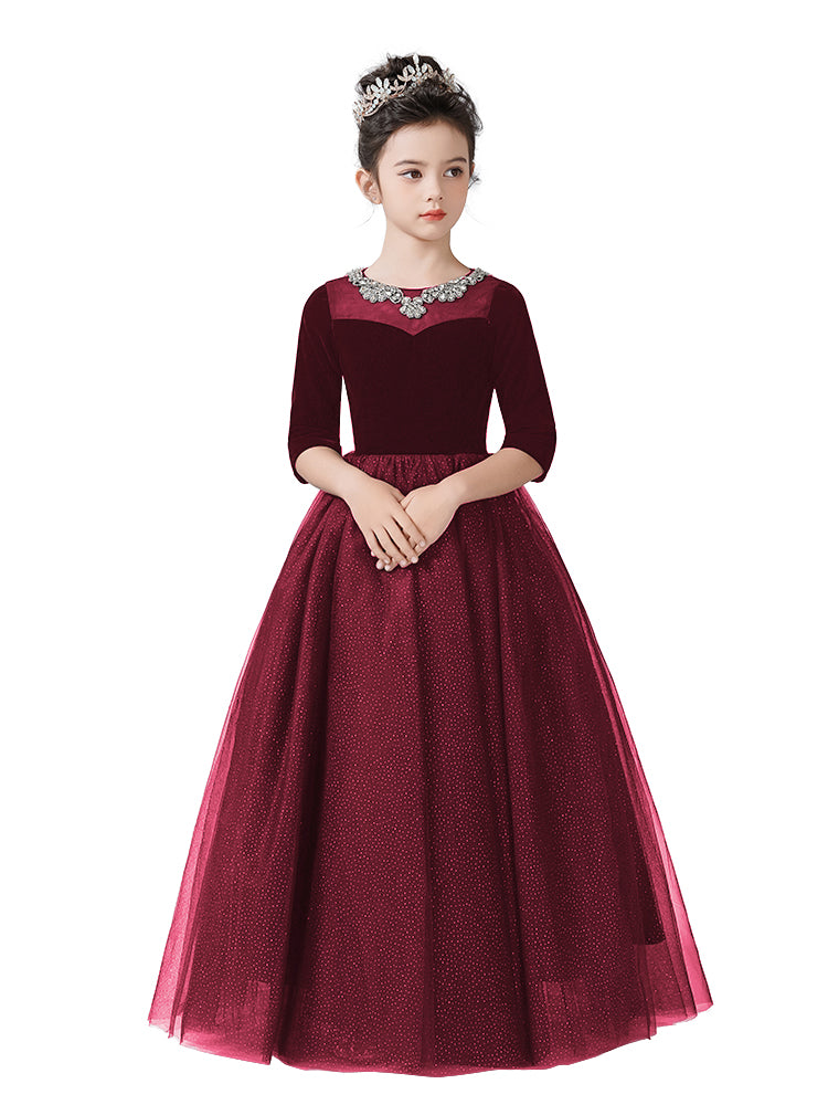 Dideyttawl Girls Formal Dress with Half Sleeves Velvet Bodice and Sparkly Tulle Skirt