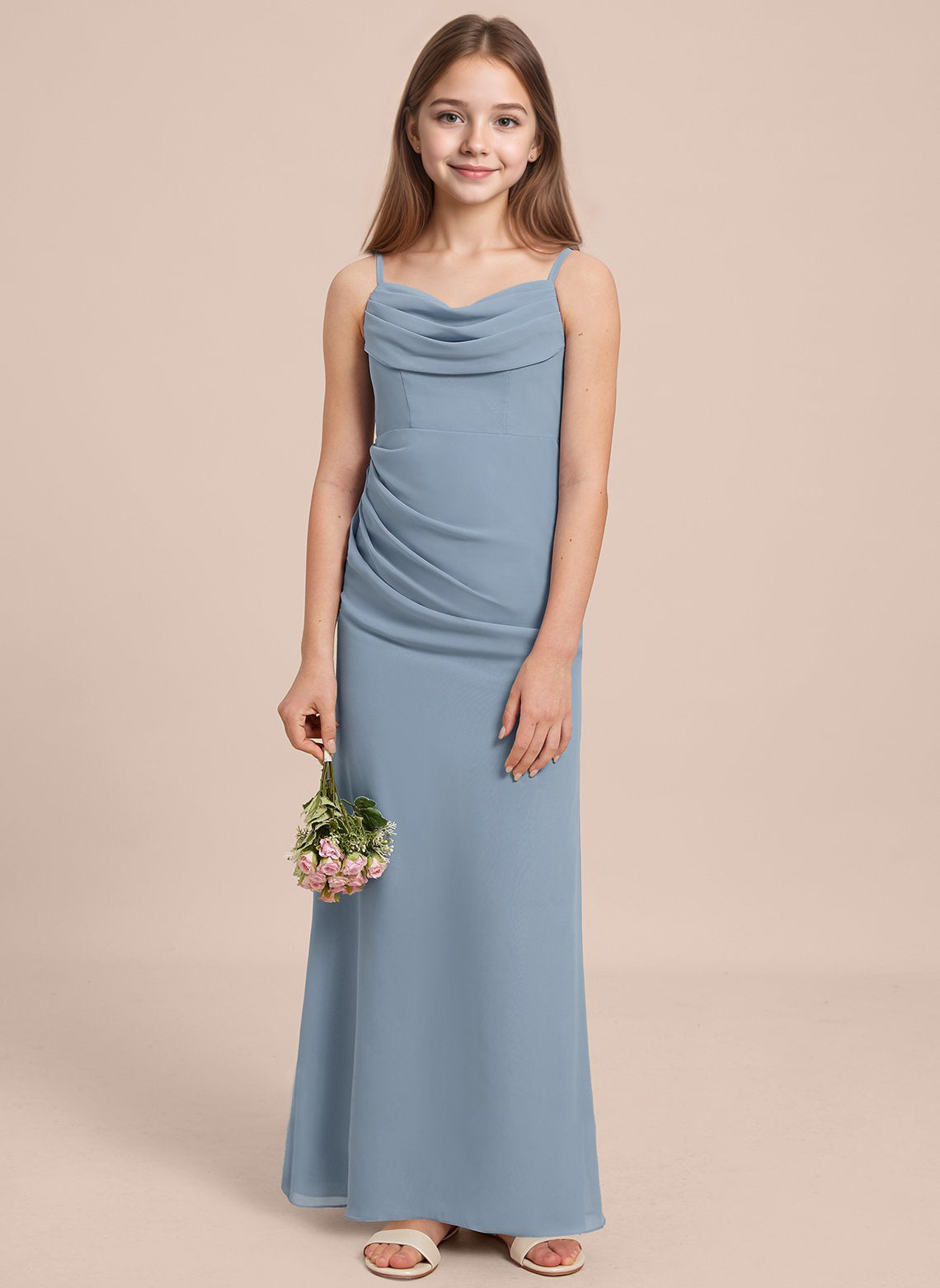dideyttawl Long Sheathe Junior Bridesmaid Dresses for Girls Chiffon A-Line Ruched Cowl Neck Wedding Flower Girls Dress 2512