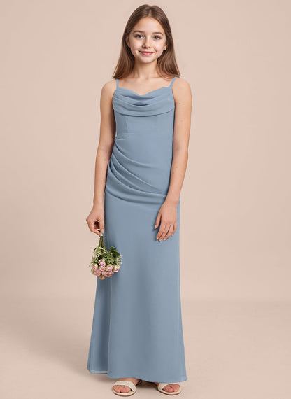 dideyttawl Long Sheathe Junior Bridesmaid Dresses for Girls Chiffon A-Line Ruched Cowl Neck Wedding Flower Girls Dress 2512