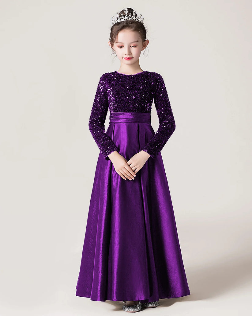 Purple Sequin Satin A-line Girls Formal Dress Front View
