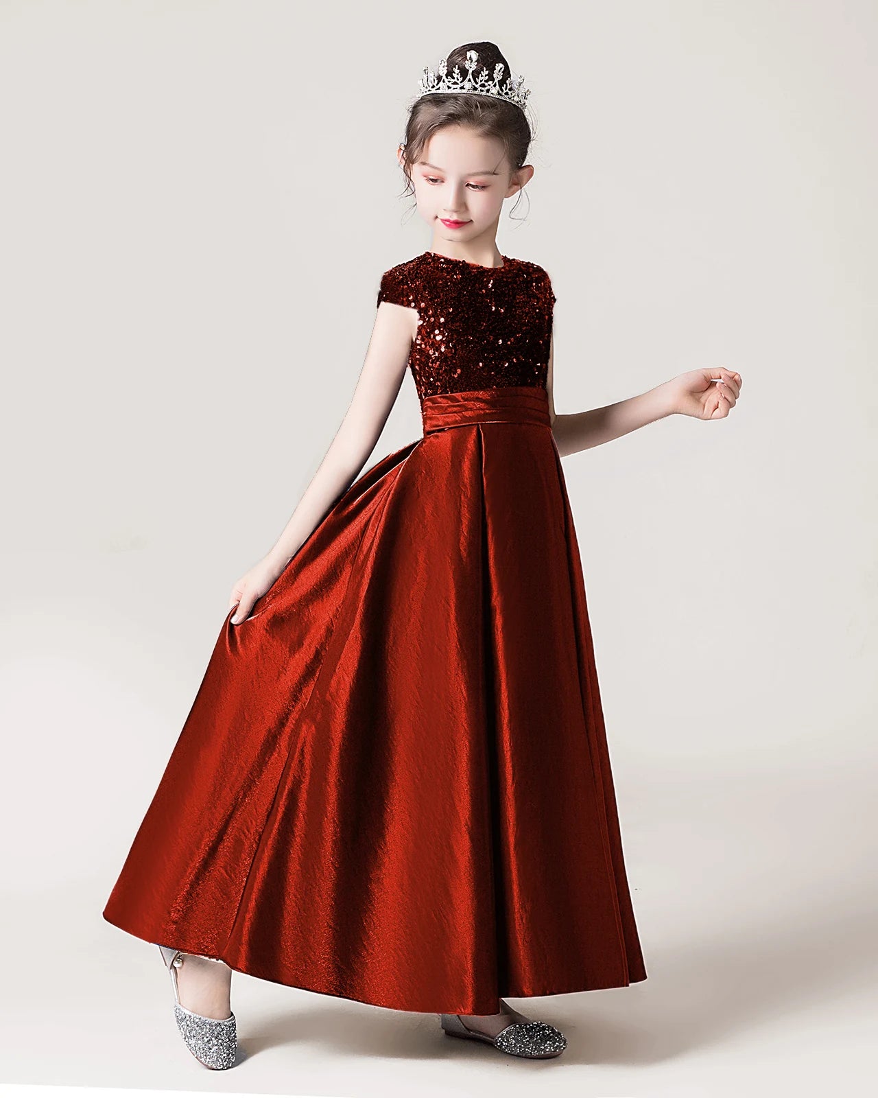 Dideyttawl Sequins Flower Girls Dress Satin Formal Brithday Party Gown