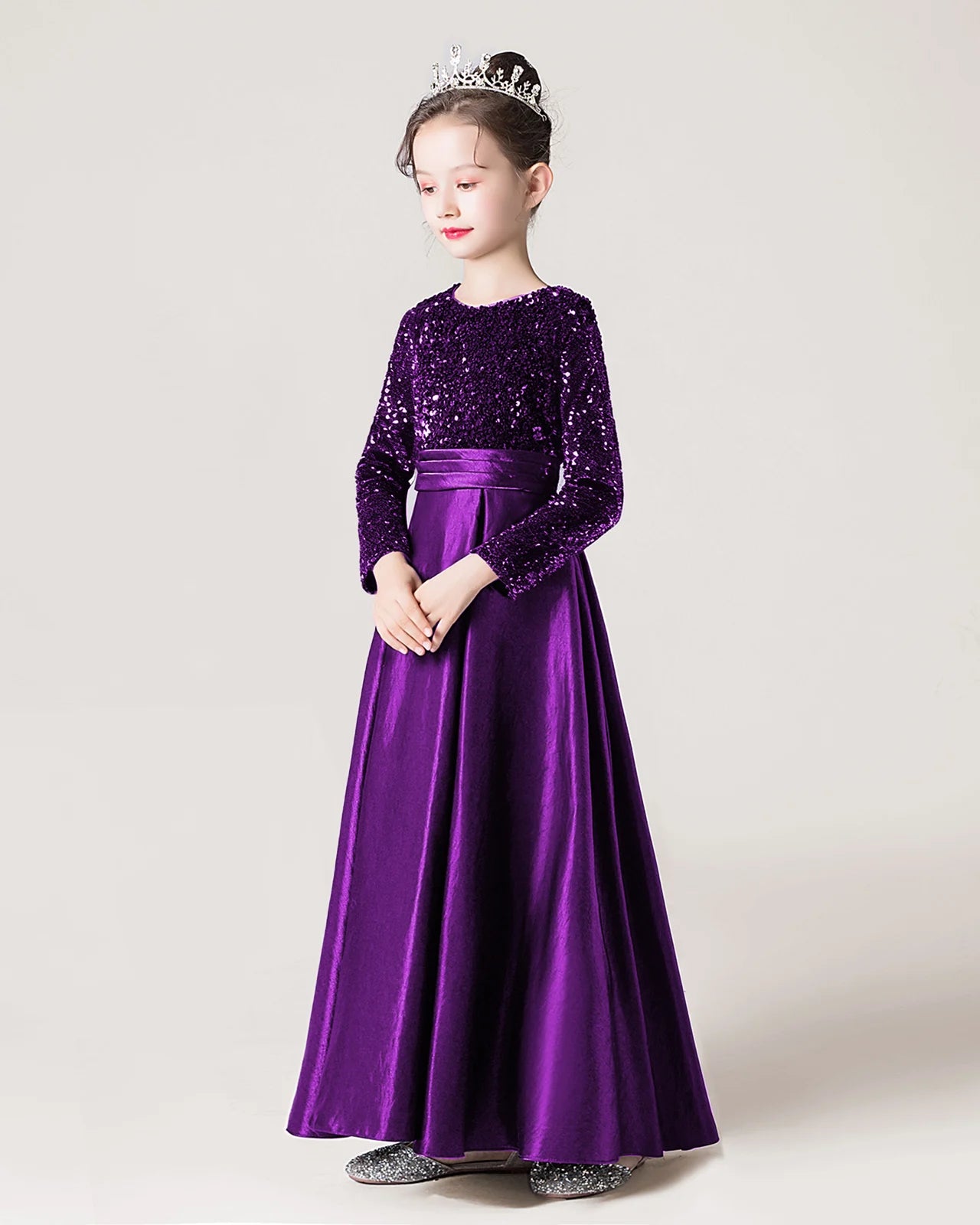 Purple Side Sequin Long Sleeve Flower Girls Dress