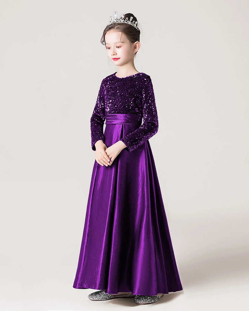 Purple Sequin Satin A-line Girls Formal Dress Side View
