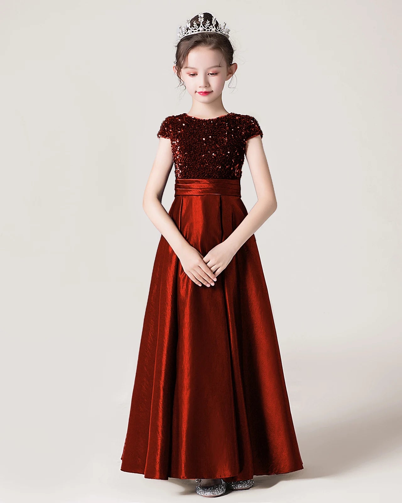 Dideyttawl Sequins Flower Girls Dress Satin Formal Brithday Party Gown