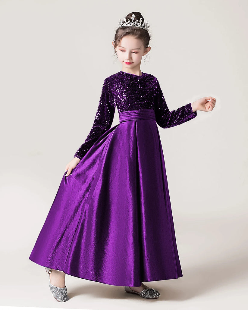 Purple Sequin A-line Girls Formal Dress Front View