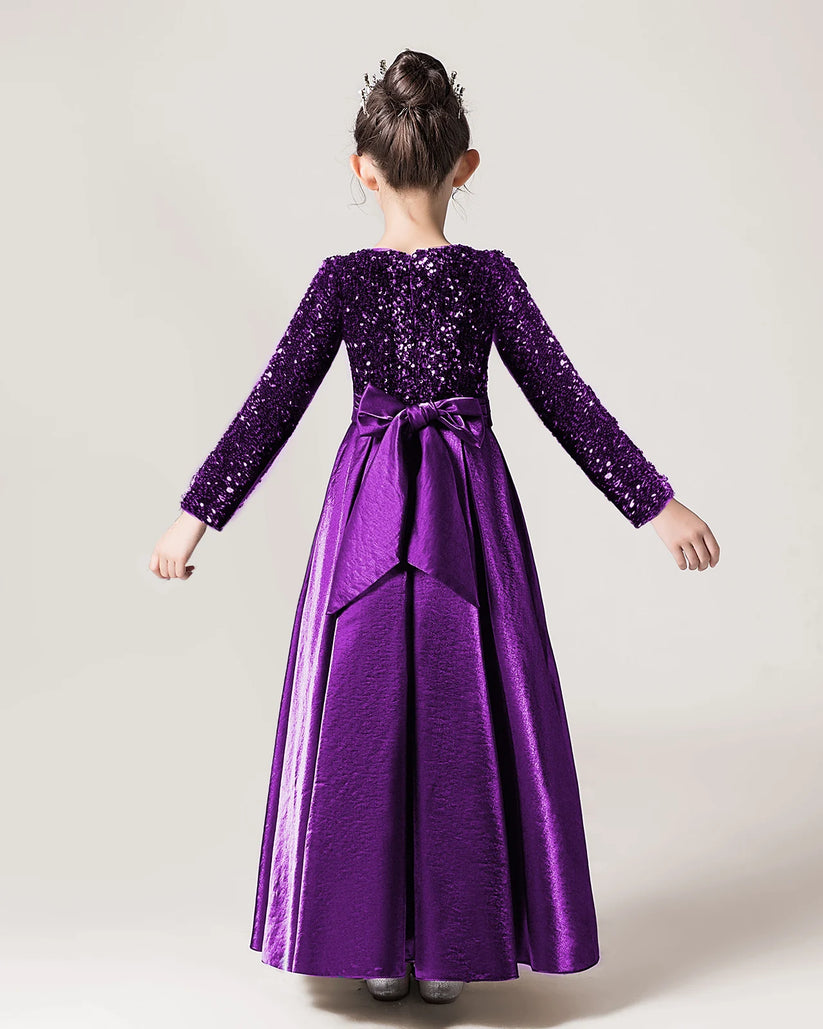 Purple Sequin A-line Girls Formal Dress Back View