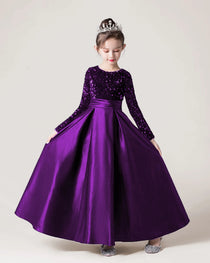 Purple Front Sequin Long Sleeve Flower Girls Dress