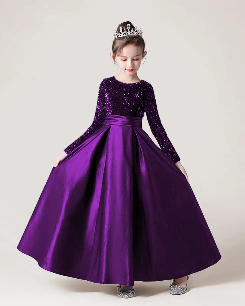 Purple Sequin A-line Girls Formal Dress Front View