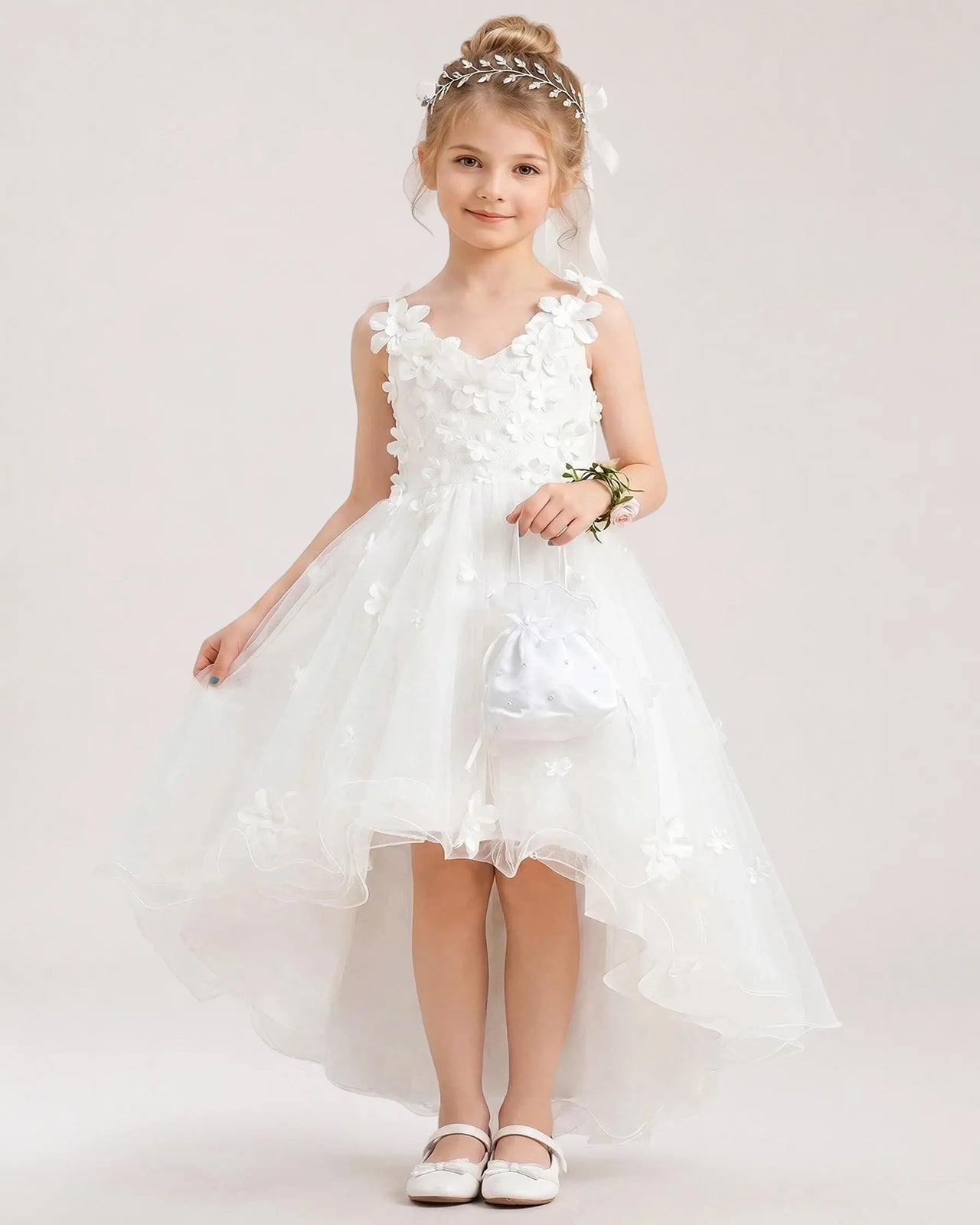 White Tulle A-line Flower Girl Dress Front View