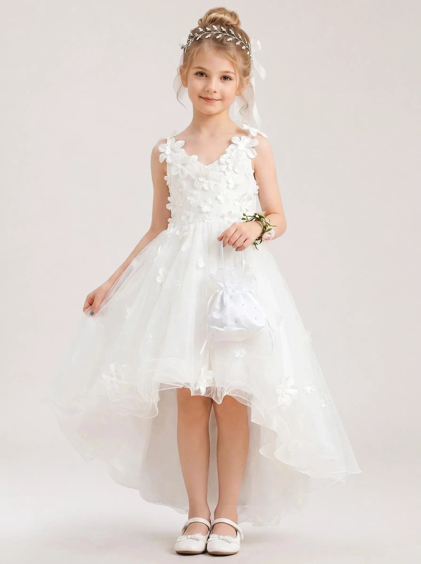 White 3D Floral Flower Girl Dress