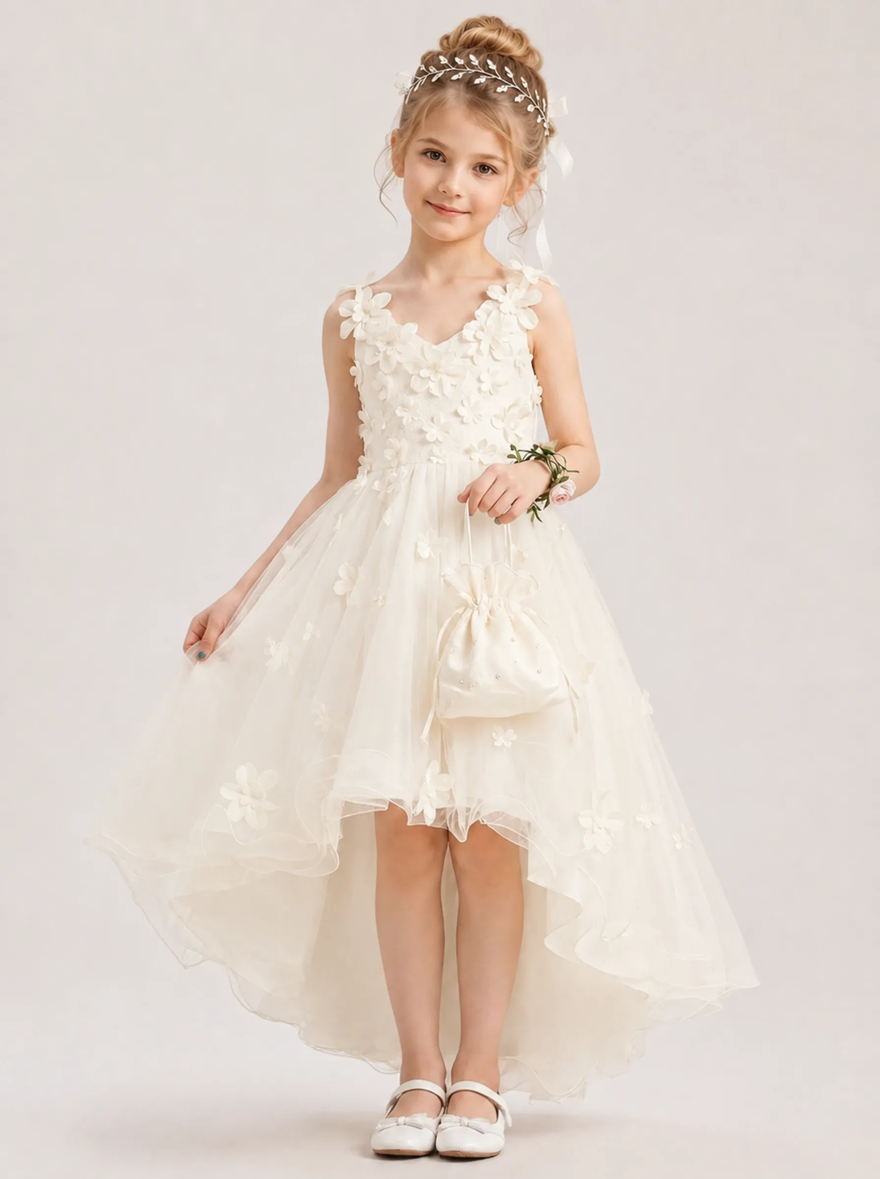 Ivory 3D Floral Flower Girl Dress