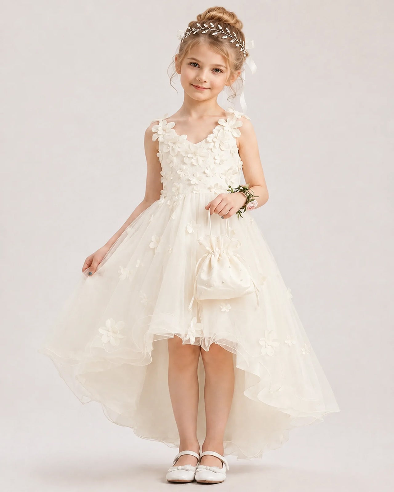 Ivory Tulle A-line Flower Girl Dress Front View