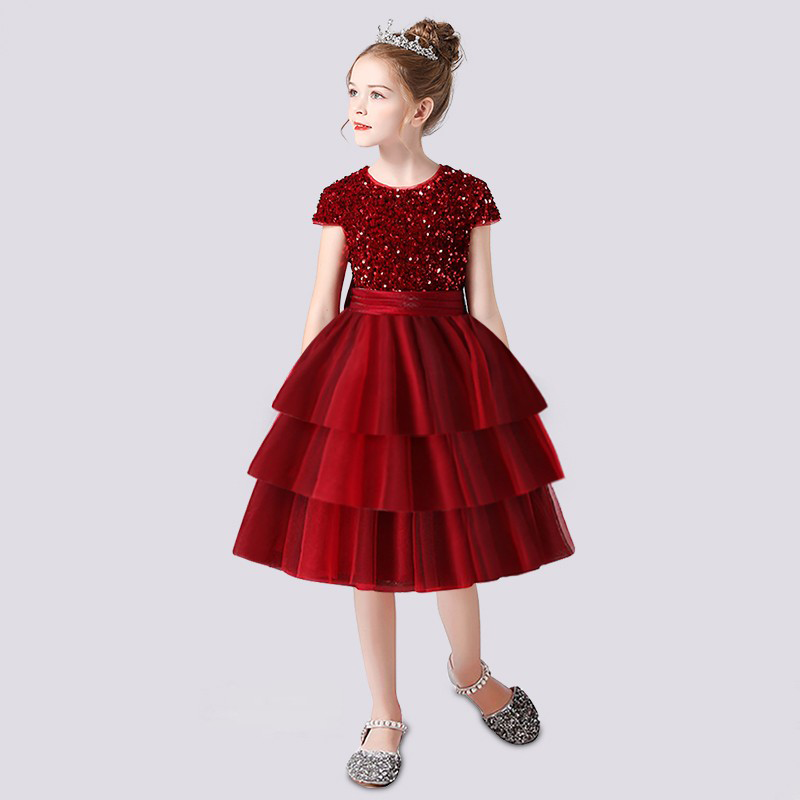 Dideyttawl Girls Burgundy Princess Dress Short Sleeve Tulle Ball Gown for Wedding Party