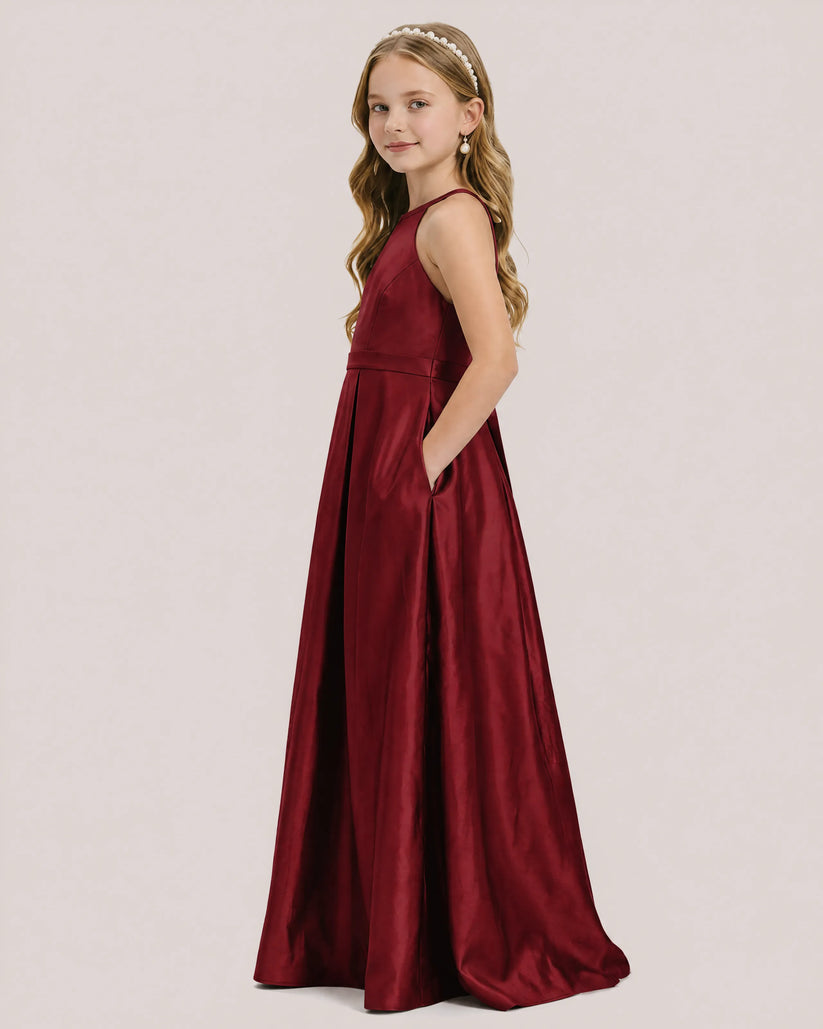 Burgundy Satin A-line Junior Bridesmaid Dress Side View