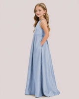  Dusty Blue Satin A-line Junior Bridesmaid Dress Side View