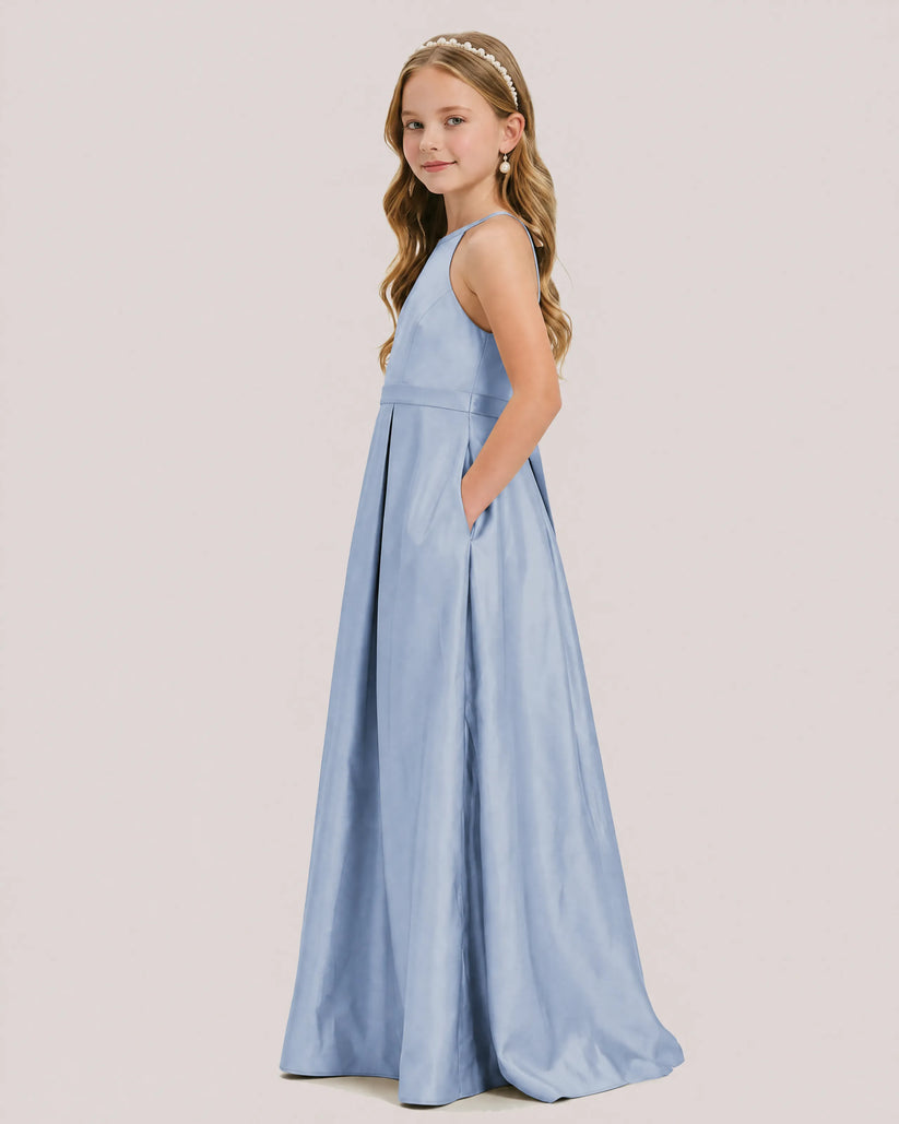  Dusty Blue Satin A-line Junior Bridesmaid Dress Side View