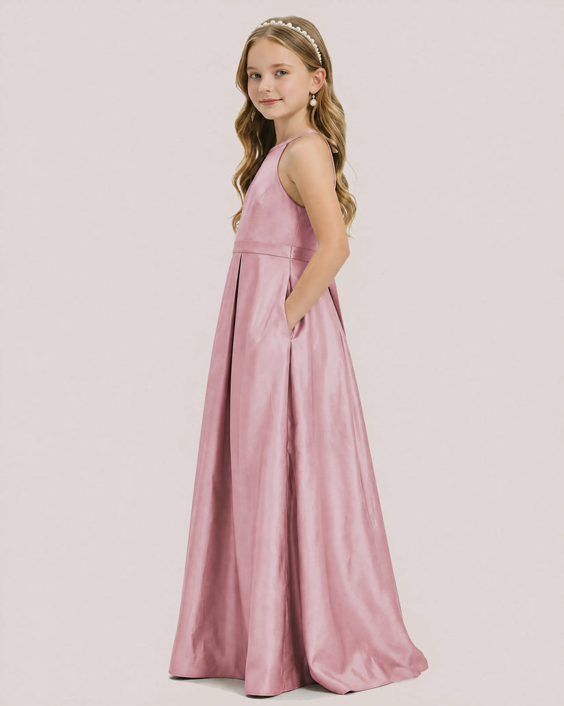 Dusty Rose Satin A-line Junior Bridesmaid Dress Side View