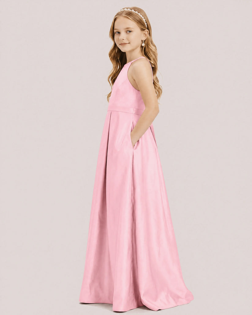 Pink Satin A-line Junior Bridesmaid Dress Side View