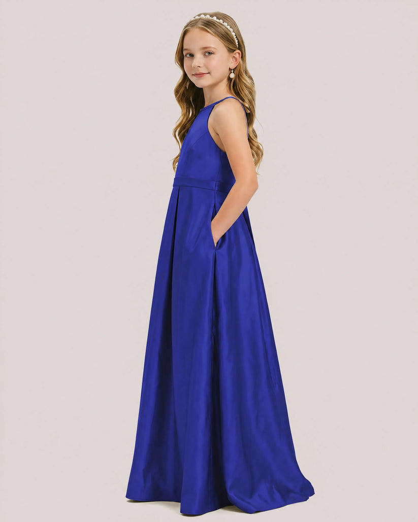 Royal Blue Satin A-line Junior Bridesmaid Dress Side View