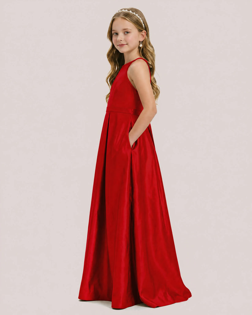 Red Satin A-line Junior Bridesmaid Dress Side View