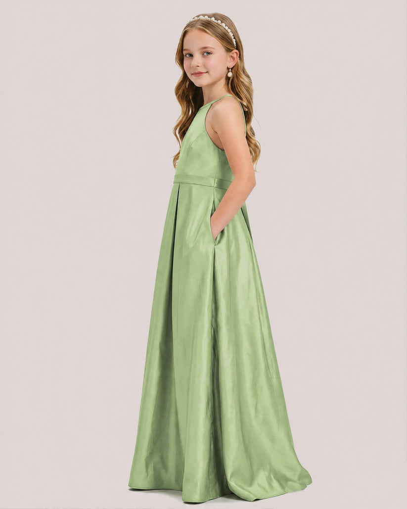 Sage Green Satin A-line Junior Bridesmaid Dress Side View